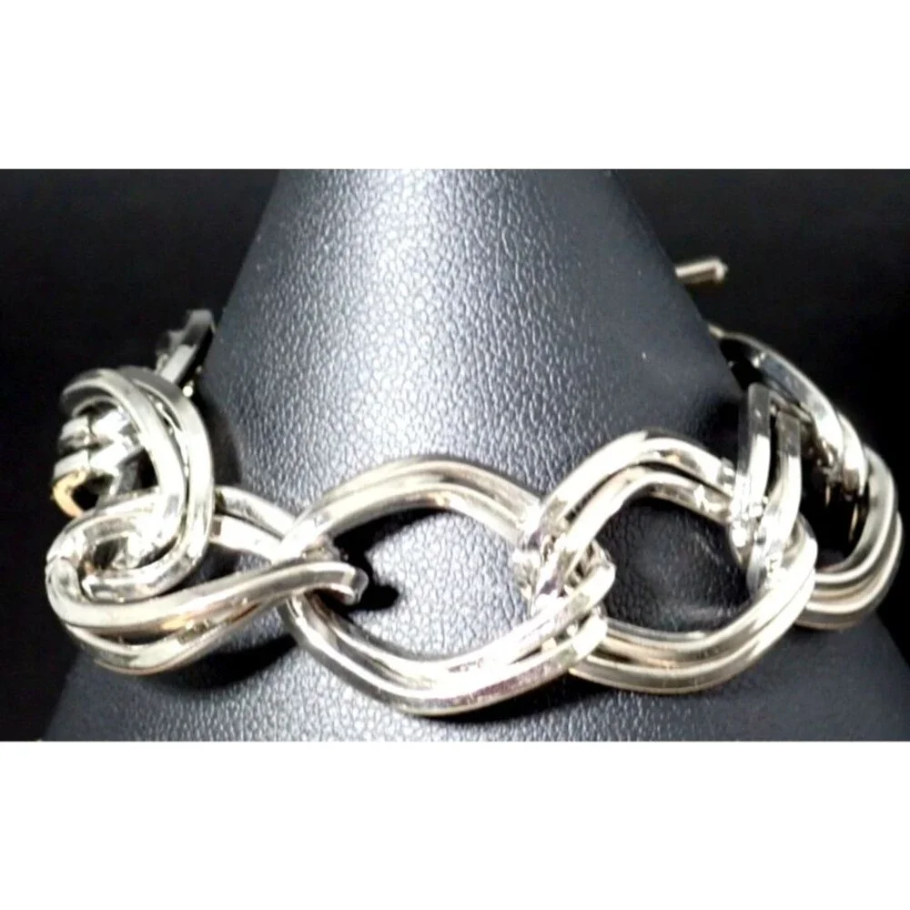 Double Chain Link Silver Tone Bangle Bracelet Toggle Clasp 7.5